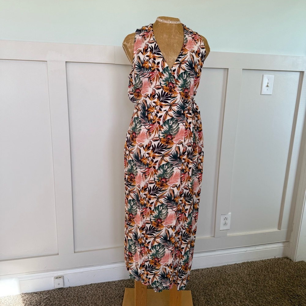 Garnet Hill maxi Wrap Dress Women’s 6 Tropical Gauzy Lined V Neck Sleeveless
